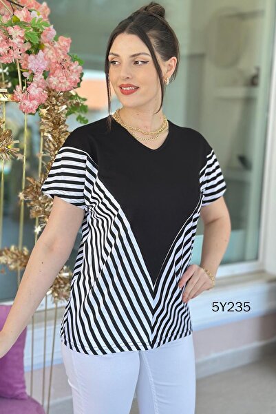 İnce Topuk V Yaka Çizgi Detaylı Viskon Bluz 5y235