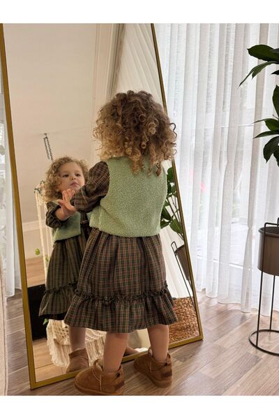 Cherrys Bebek Plaid Girl's Dress with Plush Vest