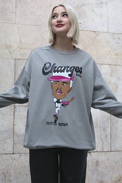 Madmext Gefärbtes graues bedrucktes Oversize-Sweatshirt Mg1578