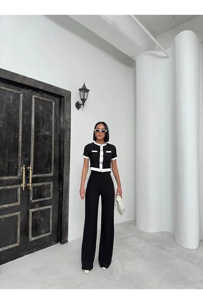 Cistern İstanbul Women's Black and White Short Sleeve Ottoman Fabric Buttoned Double Set