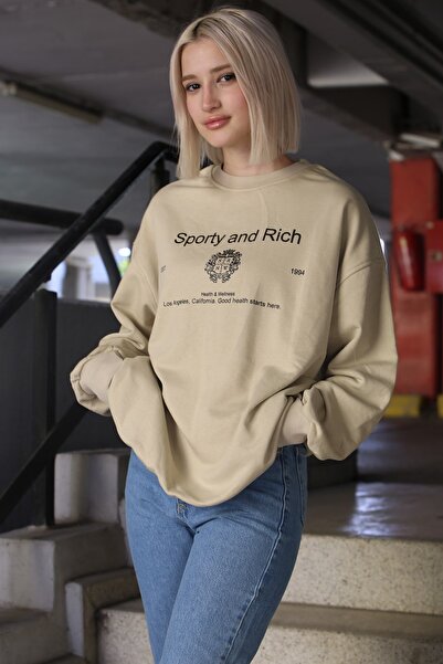 Madmext Γυναικείο φούτερ Oversize σε μπεζ λαιμόκοψη Mg1577