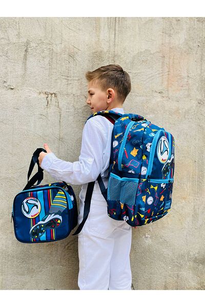 Çanta Trend Rucsac și cutie de prânz pentru băieți cu licență, albastru bleumarin, cu model de fotbal
