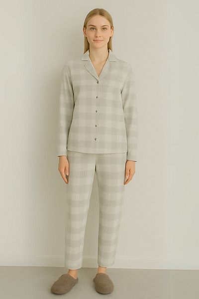 DOFİ Dofi Women's Gray Gingham Pajama Set Long Sleeve with Button
