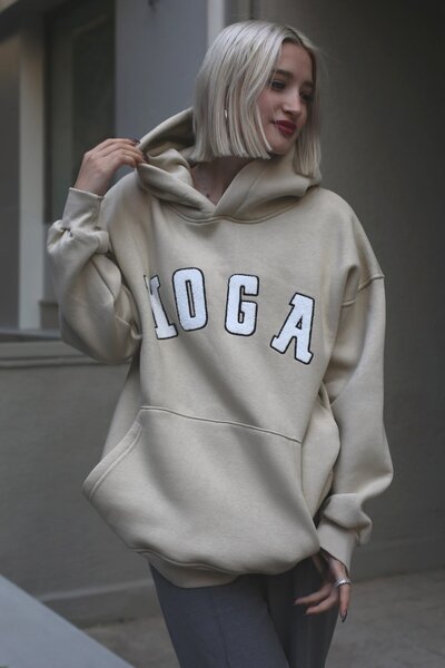 Madmext Oversize Hooded Sweatshirt Mg1580 with Beige Embroidery