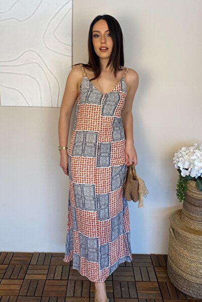 Ded COLLECTION Жіноча сукня з бісером, бретельками, оранжево-чорним квадратни...