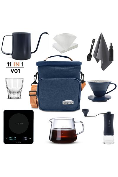 MIBRU V60 Coffee Drip Pour Over Set 11 Pcs Manual Brewer Kettle Grinder Dripper Filter Barista Kit Blue