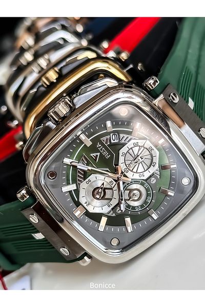 Fiesta Green Silicone Cord,Functions Active,Steel Case Vip Special Series Men Wristwatch Wristband with Gift