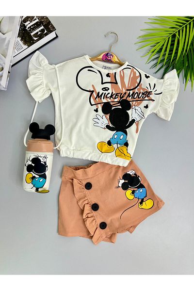 mislina kids Linouse Girl's 3-Piece Summer Combination 3-6 Years |   Character Printed T-Shirt + Shorts + Bag