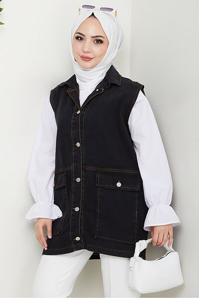 Bestenur Denim Vest with Cover Pocket 1431 - Black