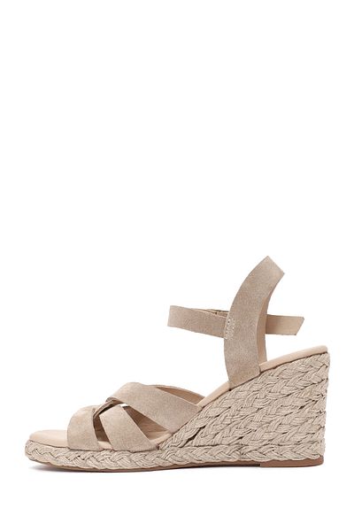 Derimod Women's Cream Ankle Strap Wedge Heeled Suede Leather Espadrille 25Sfd 153310