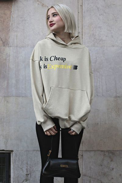 Madmext Beige bedrucktes Oversize-Kapuzenpullover Mg1573
