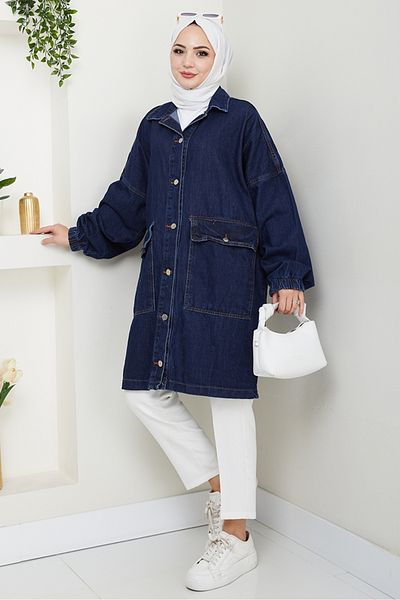 Bestenur Τζιν μπουφάν Oversize με τσέπη 1435 - Σκούρο Μπλε