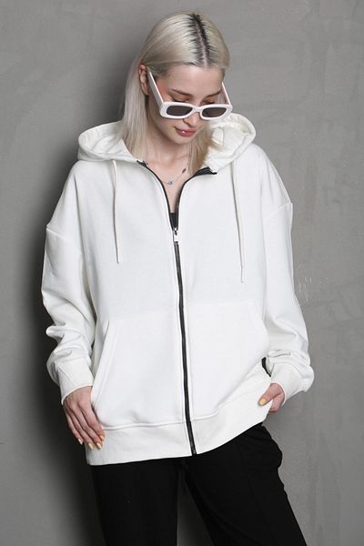 Madmext Ecru Hooded Basic Sweatshirt MG1900