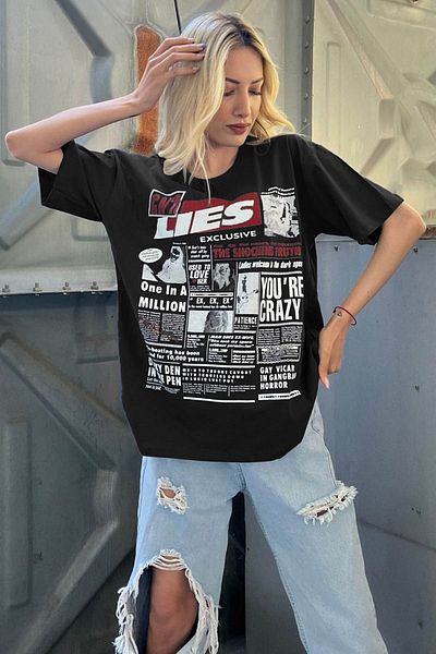 Madmext Schwarzes, hinten bedrucktes Over-Fit-Damen-T-Shirt Mg1506