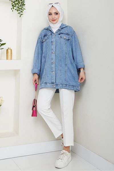 Bestenur Elyez Stone Denim Jacket 1456 - Γαλάζιο