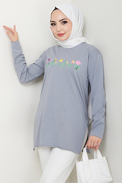 Bestenur Flower Pattern Hijab Tunic 1425 - Gray