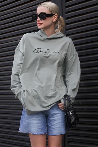 Madmext Green Embroidered Hooded Women's Sweatshirt Mg1691