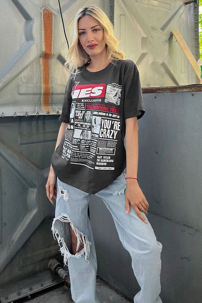 Madmext Anthrazitfarbenes, hinten bedrucktes Over-Fit-Damen-T-Shirt Mg1506