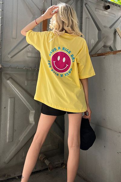 Madmext Gelbes, auf der Rückseite bedrucktes, übergroßes Damen-T-Shirt mit Rundhalsausschnitt