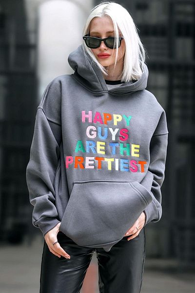Madmext Smoke Colored Embroidered Crew Neck Sweatshirt Mg1574