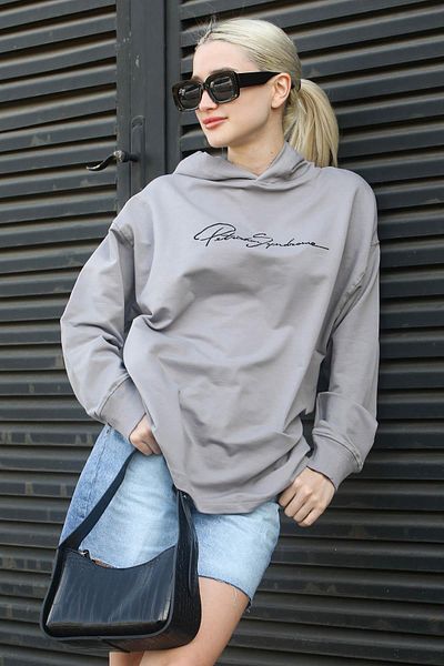 Madmext Painted Gray Embroidered Hooded Women's Sweatshirt Mg1691