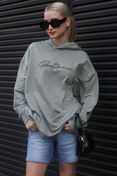 Madmext Green Embroidered Hooded Women's Sweatshirt Mg1691