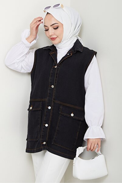 Bestenur Denim Vest with Cover Pocket 1431 - Black