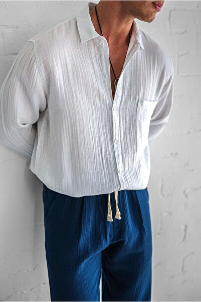 ablukaonline Men's Oversize Fit Long Sleeve Muslin Shirt White