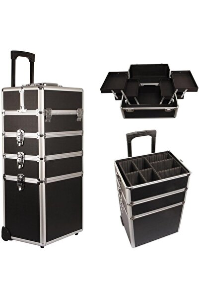 LA PERLA TECH حقيبة أدوات مكياج 4 في 1 بمقبض رفع + عربة ألومنيوم بمفتاح قابل ...