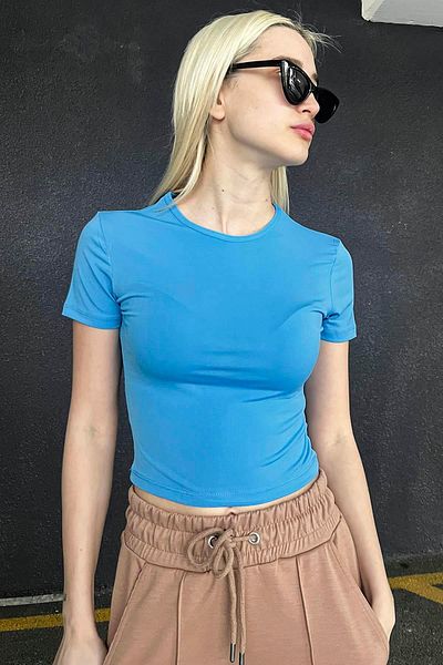 Madmext Blaues Basic-T-Shirt mit Rundhalsausschnitt und kurzen Ärmeln Mg1826
