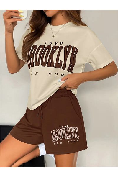 npLStore Унисекс комплект тениска с щампи и шорти с голям размер
