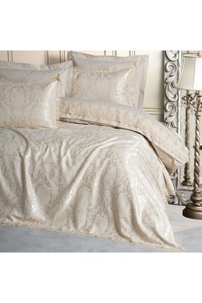 Cotton Box Set lux cuvertura jacquard 250x260cm si lenjerie, Cotton Box, Silva Cappuccino