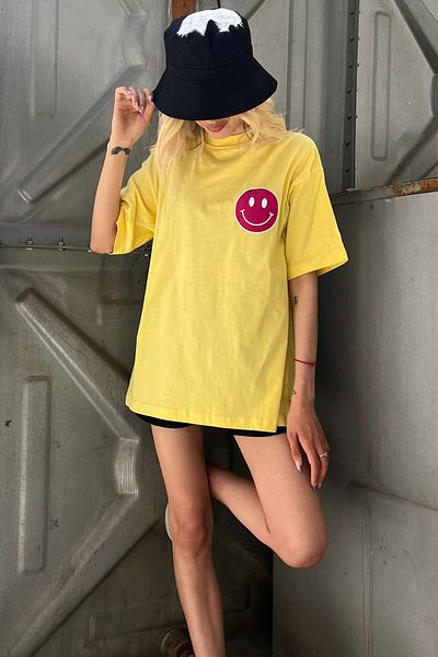 Madmext Gelbes, auf der Rückseite bedrucktes, übergroßes Damen-T-Shirt mit Rundhalsausschnitt