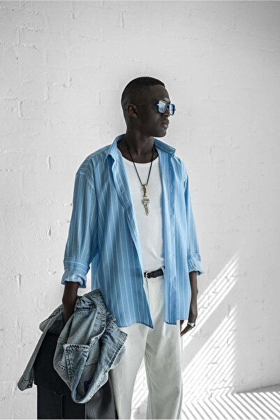 ablukaonline Erkek Nefes Alan Kumaştan Çizgili Rahat Oversize Gömlek Mavi