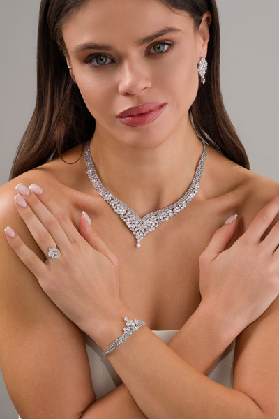 VİYA Dimitra Zirkon Taşlı Takı Seti Kolye Küpe Yüzük Bileklik Hediye Set