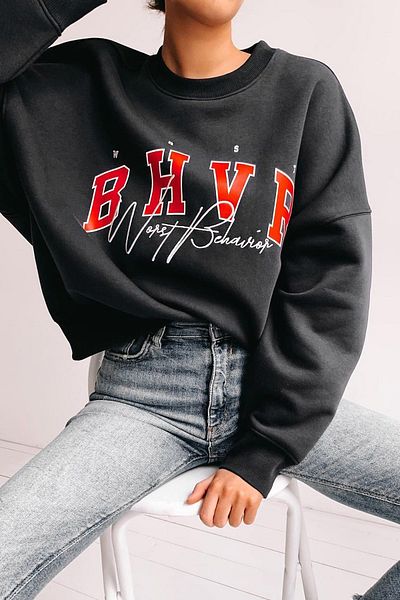 Madmext Mad Girls Black Embroidered Sweatshirt Mg813