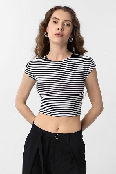 Antioch Black Crop Fit Striped Women's T-Shirt