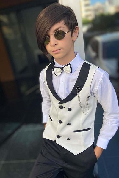 Riccotarz Boy's Shawl Collar Button Detailed White Cepken Vest Gabardine Shirt Suit