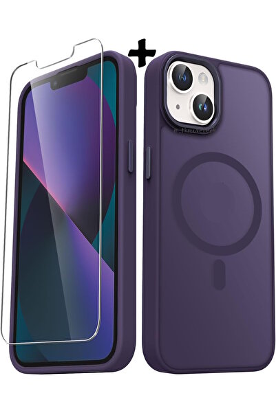 m.tk moveteck İphone 13 Ve 14 Uyumlu Kılıf Mat Magsafe Şarj Özellikli Yumuşak Renkli Kapak +Ekran Koruyucu Cam Set