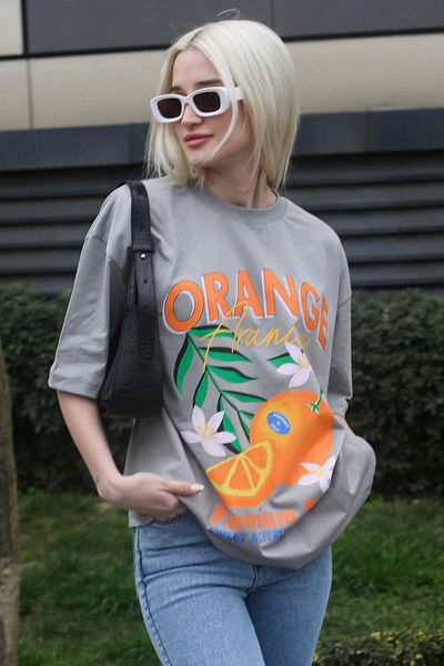 Madmext Dyed Gray Printed Crew Neck Women's T-Shirt Mg1707
