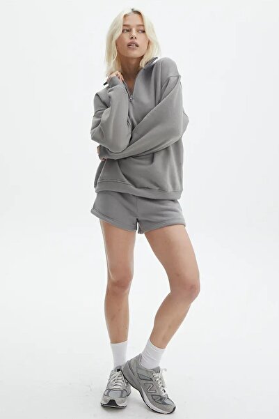 Madmext Dyed Gray Zipper Detailed Oversize Sweatshirt MG1933