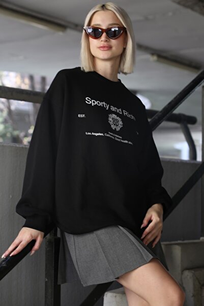 Madmext Γυναικείο φούτερ σε μαύρο χρώμα με στάμπα με λαιμόκοψη Mg1577