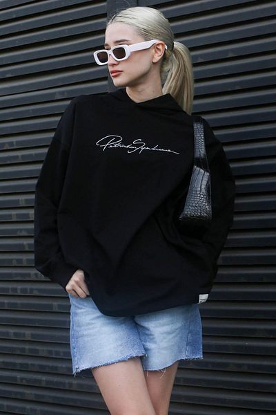 Madmext Black Embroidered Hooded Women's Sweatshirt Mg1691