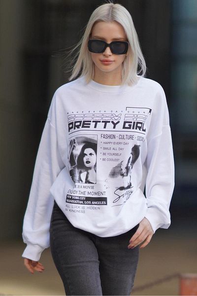 Madmext Weißes bedrucktes Oversize-Sweatshirt für Damen Mg1923