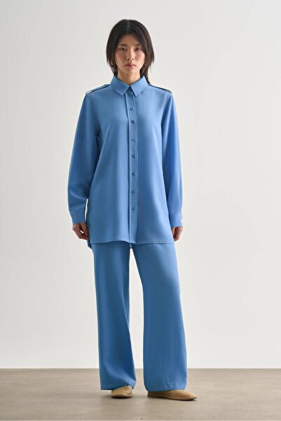 Mizalle Modal Karışımlı Apoletli Mavi Tunik