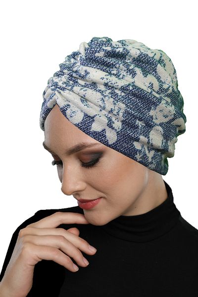 fidan bone Patterned Draped Petrol Blue Double Sided Ready-Made Turban Hijab Bonnet