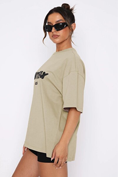 Madmext Beige Printed Crew Neck Women's T-Shirt Mg1706