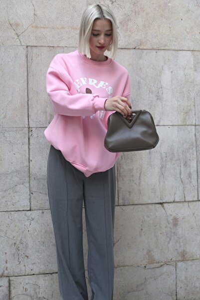 Madmext Pembe Bisiklet Yaka Baskılı Sweatshirt Mg1572