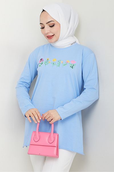 Bestenur Flower Pattern Hijab Tunic 1425 - Baby Blue