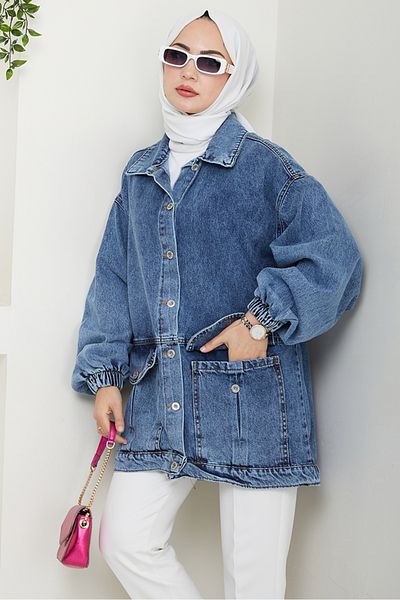 Bestenur Oversize τζιν μπουφάν με τσέπη τσάντας 1442 - γαλάζιο